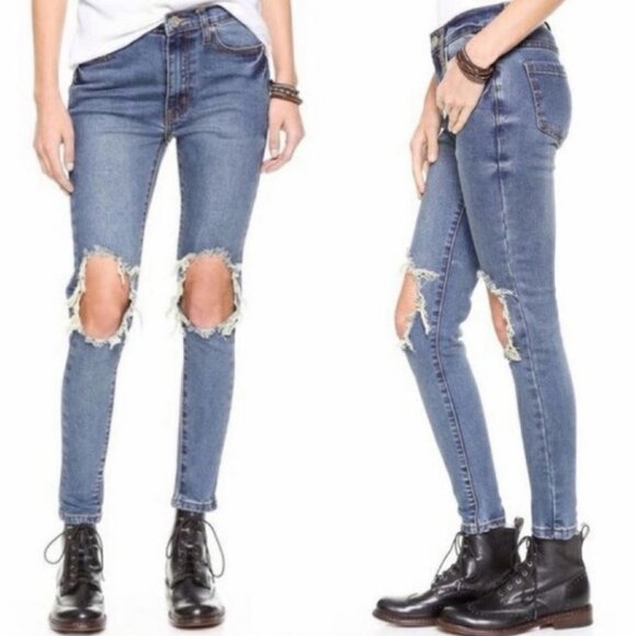 UNIF Peach Pit Skinny Jeans Busted Knees Size 25 Denim Distressed Blue High Rise - Picture 3 of 15